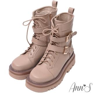 【Ann’S】就是比較瘦-雙扣帶綁帶機車輕量厚底短靴5.5cm(粉杏)