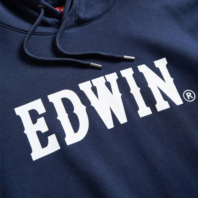 【EDWIN】男女裝 人氣復刻款 基本LOGO連帽長袖T恤(丈青色)