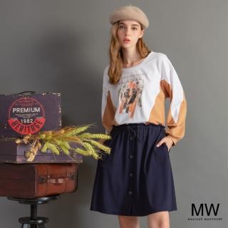 【MAGIQUE WARDROBE】羅馬布拼接印花繫帶澎袖洋裝(2色)
