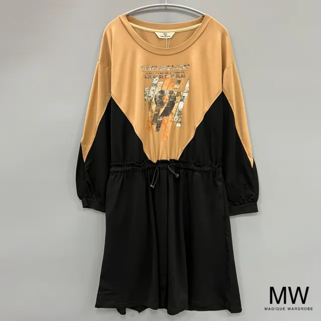【MAGIQUE WARDROBE】羅馬布拼接印花繫帶澎袖洋裝(2色)