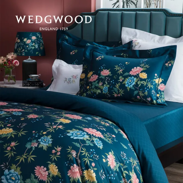【WEDGWOOD】義大利300織長纖棉印花被套枕套組- 藍彩花園(雙人)