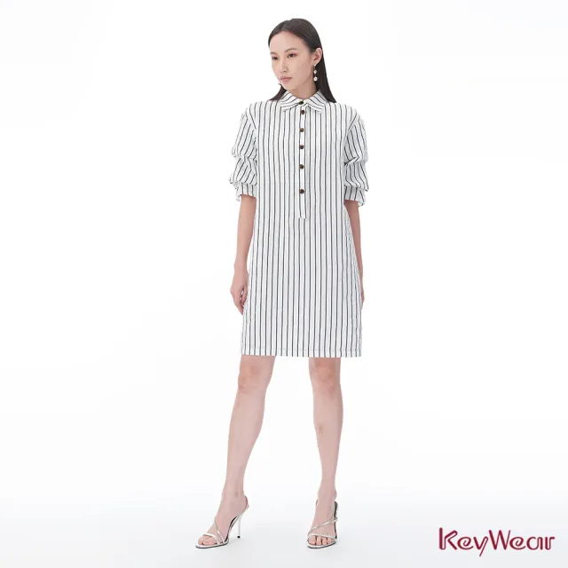 【KeyWear 奇威名品】襯衫領棉麻條紋設計款洋裝