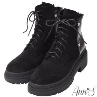 【Ann’S】打造漫畫腿-異材質拼接防水絨布綁帶造型輕量厚底短靴5cm(黑)