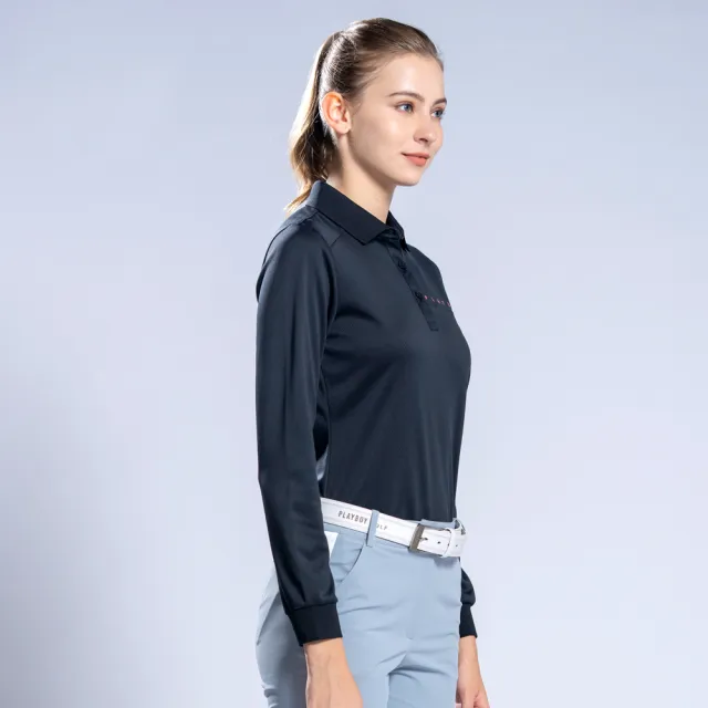 【PLAYBOY GOLF】女款素色剪接薄長袖POLO衫-黑(吸濕排汗/高爾夫球衫/KA22203-88)