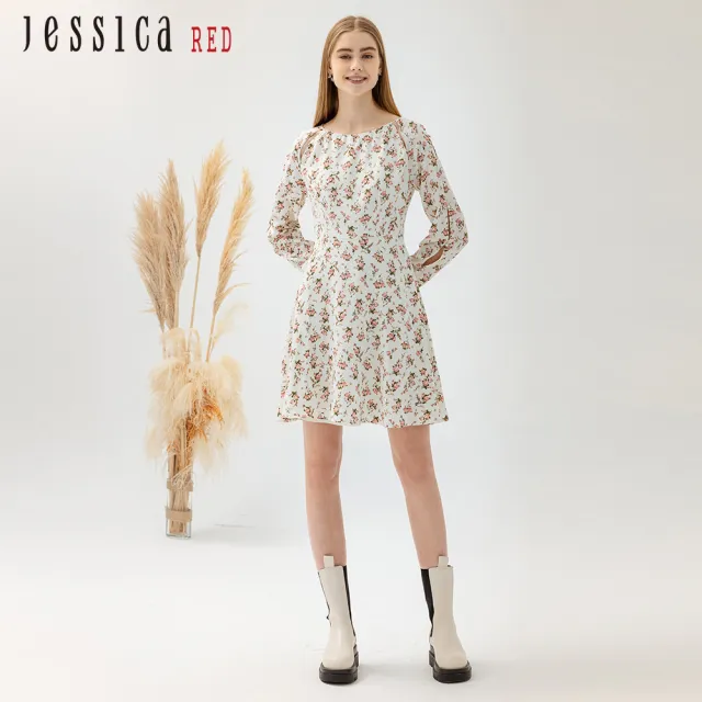 【Jessica Red】浪漫清新小碎花修身長袖雪紡洋裝824172