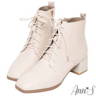 【Ann’S】英式優雅-綁帶造型羊皮全真皮粗跟方頭短靴5cm(杏)