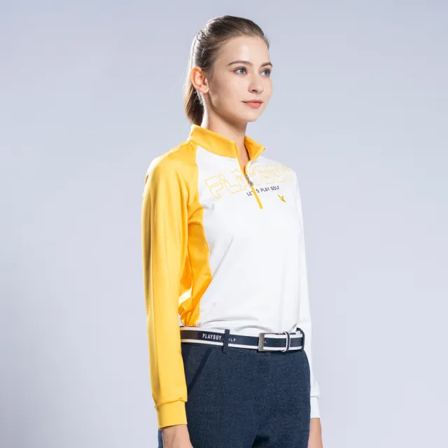 【PLAYBOY GOLF】女款不對稱剪接LOGO立領長袖POLO衫-黃(吸濕排汗/高爾夫球衫/KA22222-35)