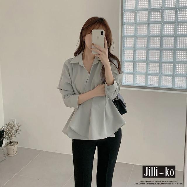 【JILLI-KO】洋氣荷葉邊收腰裙擺長袖襯衫-F(灰)