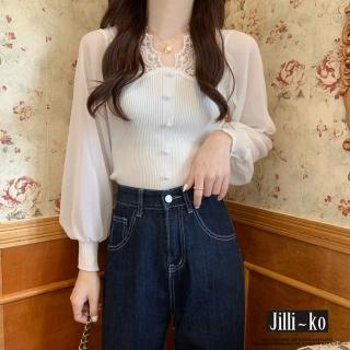 【JILLI-KO】拼接坑條雪紡泡泡袖上衣-F(白/杏)