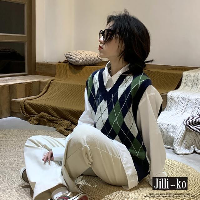 【JILLI-KO】復古學院風菱形格撞色設計疊穿V領針織馬甲-F(深藍)