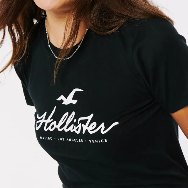【HOLLISTER Co】HCO 海鷗 經典印刷文字HCO 海鷗 圖案短袖T恤 上衣-女-黑色(平輸品)