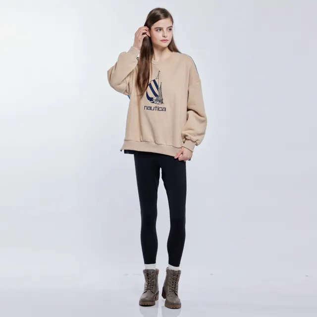 【NAUTICA】女裝 品牌LOGO異材質拼接刷毛大學T(卡其)