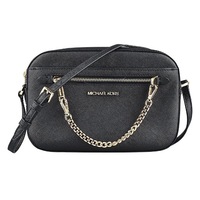 【Michael Kors】MK MICHAEL KORS JET SET EW金字LOGO掛鍊設計防刮皮拉鍊斜背相機包(大/黑)