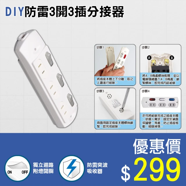 朝日電工 2P防雷DIY3開3插分接器15A(DIY分接器)