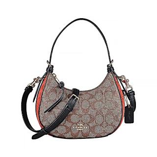 【COACH】COACH Kleo Hobo金字馬車LOGO印花PVC拼接麂皮拉鍊肩背斜背半月包(卡其x紅磚)