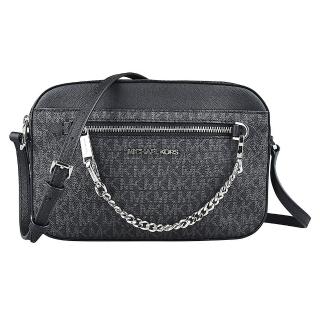 【Michael Kors】MK MICHAEL KORS JET SET EW銀字LOGO掛鍊PVC滾邊防刮牛皮拉鍊斜背相機包(大/黑)