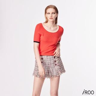 【iROO】橘紅色圓領撞色合身流行針織短袖上衣