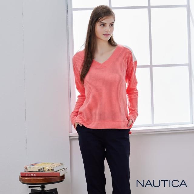 【NAUTICA】女裝 簡約撞色華夫格V領長袖T恤(粉色)