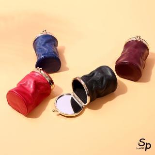 【Sp house】復古口金油蠟真皮迷你鏡子口紅香水化妝包收納包(4色可選)