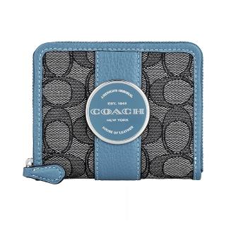 【COACH】COACH LONNIE圓標燙金LOGO緹花布3卡拉鍊短夾(灰藍×深灰)