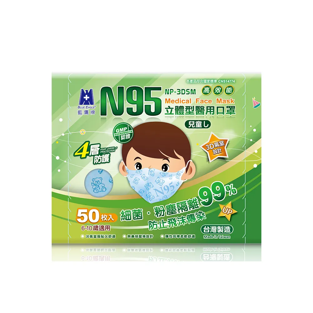 【藍鷹牌】N95立體型6-10歲兒童醫用口罩2盒(藍色/綠色/粉色)50片/盒