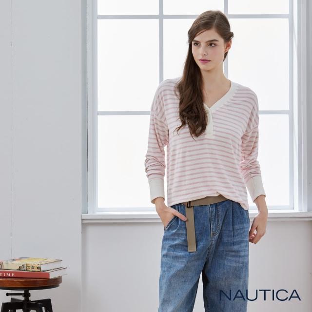 【NAUTICA】女裝 經典條紋V領長袖T恤(粉色)