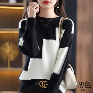 【初色】涼爽透氣圓領幾何色塊拼色針織衫上衣女上衣-共3色-63877(F可選)