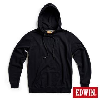 【EDWIN】男裝 橘標 斜紋繡花LOGO連帽長袖T恤(黑色)