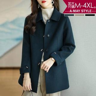 【艾美時尚】中大尺碼女裝 毛呢 日韓修身顯瘦折袖毛呢大衣外套。M-4XL(3色.現貨+預購)