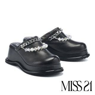 【MISS 21】率性霸氣兩穿式珠珠鏈條大頭厚底穆勒拖鞋(黑)