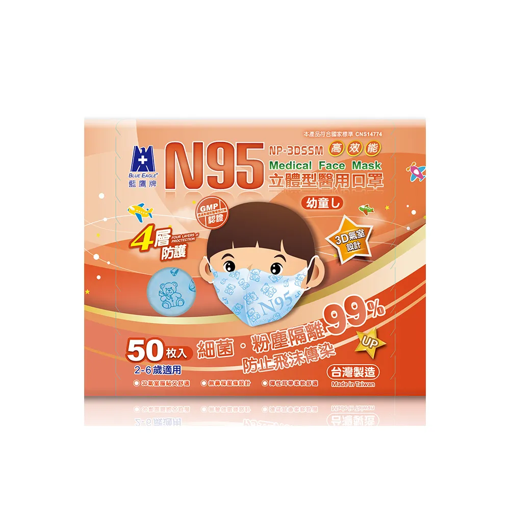 【藍鷹牌】N95立體型2-6歲幼童醫用口罩2盒(藍熊/綠熊/粉熊) 50片/盒