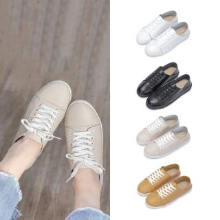 【FUFA Shoes 富發牌】真皮可後踩綁帶休閒鞋-全黑/白/芥黃/杏 804AN 大尺碼女鞋(真皮鞋/小白鞋/鞋子)