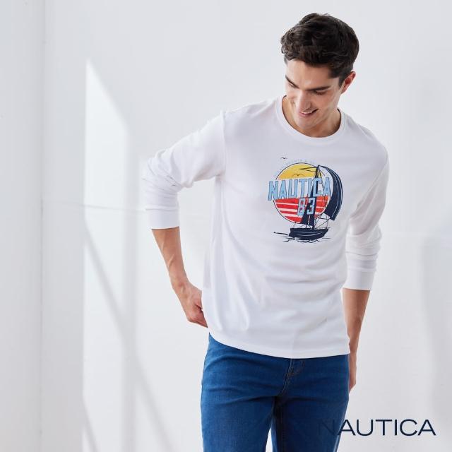 【NAUTICA】男裝 復古帆船圖騰印花長袖T恤(白)