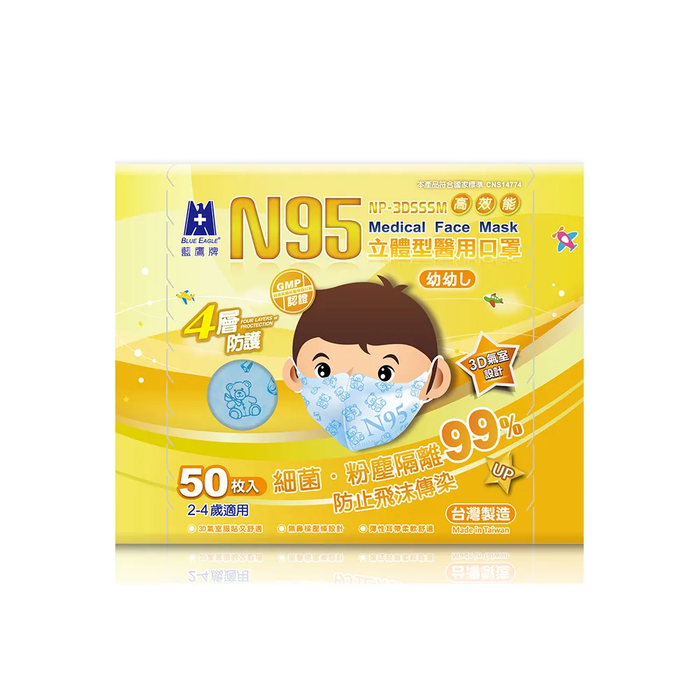 【藍鷹牌】N95立體型2-4歲幼幼醫用口罩 50片x4盒(藍熊/綠熊/粉熊)