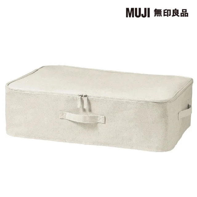 【MUJI 無印良品】聚酯纖維麻收納箱/衣物箱/附蓋(約寬59×深39×高18 cm)