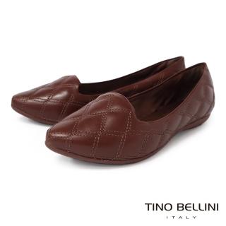 【TINO BELLINI 貝里尼】巴西進口牛皮縫衍菱格舒足平底鞋FWBT032(咖啡)