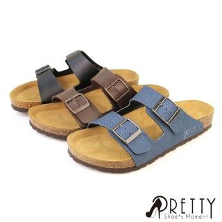 【Pretty】女款臺灣製經典質感雙皮帶釦牛皮中底拖鞋(咖啡、黑色、牛仔)