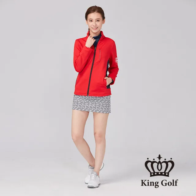【KING GOLF】速達-女款盾牌刺繡LOGO燙印立領拉鍊厚刷毛夾克外套(橘紅)