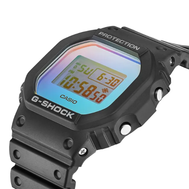 【CASIO 卡西歐】G-SHOCK 方形 彩虹炫光 200米防水 運動電子錶 DW-5600SR-1 黑/炫彩