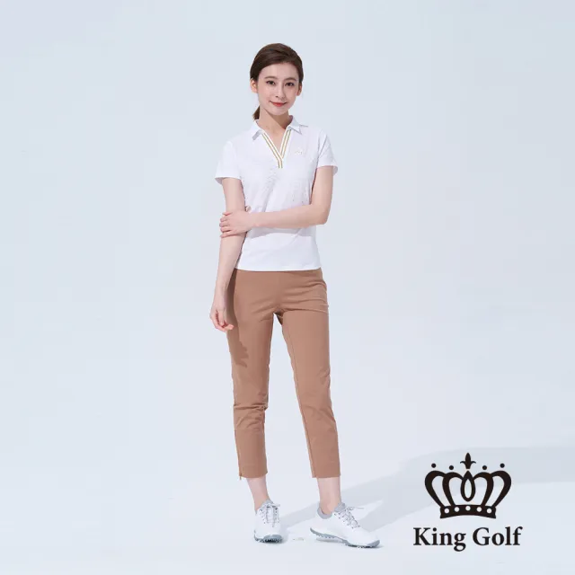 【KING GOLF】速達-女款拉鍊剪接彈性中厚款素面休閒長褲(卡其)