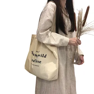 【89 zone】韓版文藝簡約字母 購物袋 單肩包 帆布包 手提包(白)
