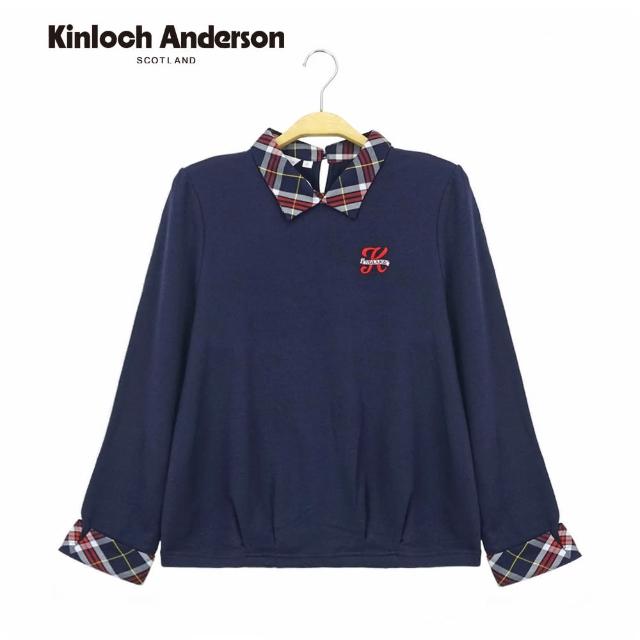 【Kinloch Anderson】金安德森女裝 刺繡印花撞色格紋拼接假兩件下抓皺縮口長袖上衣T恤(藏青)