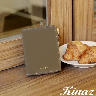 【kinaz】牛皮l型拉鍊零錢袋直式對折短夾-暖彩綠-馬賽克系列