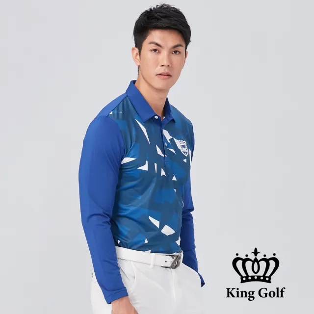 【KING GOLF】速達-塗鴉印花前胸貼布繡薄款長袖POLO衫(藍色)