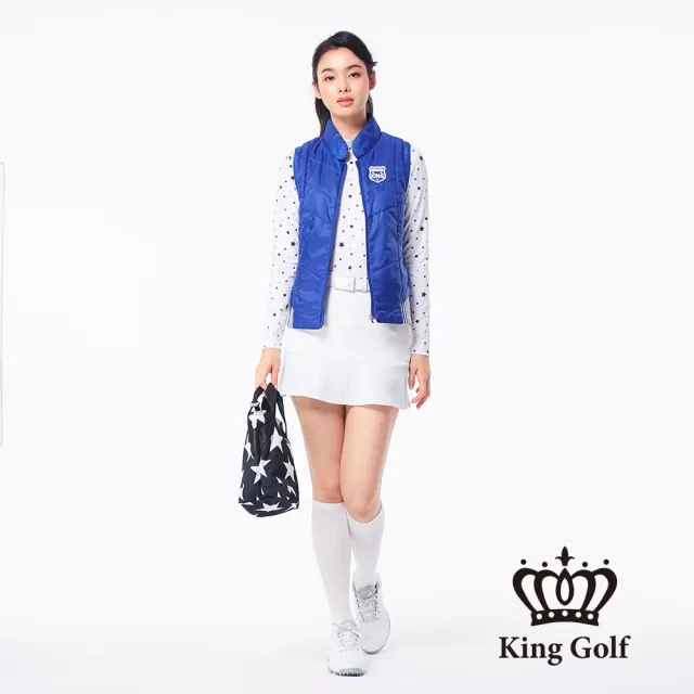 【KING GOLF】速達-女款盾牌刺繡下擺條紋拼接厚款鋪棉背心外套(藍色)