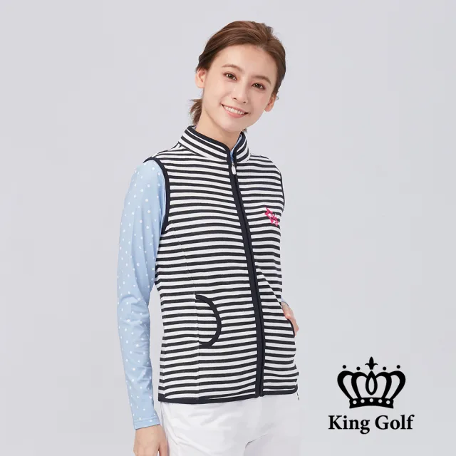 【KING GOLF】速達-女款星星刺繡火鶴愛心印圖條紋中厚背心外套(丈青)