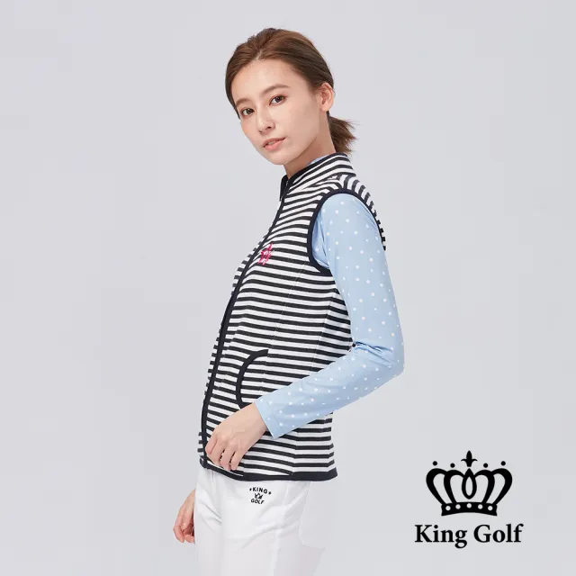 【KING GOLF】速達-女款星星刺繡火鶴愛心印圖條紋中厚背心外套(丈青)