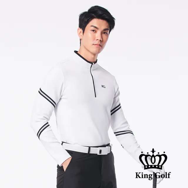 【KING GOLF】速達-三角條紋印花滾邊立領拉鍊厚款長袖POLO衫(白色)