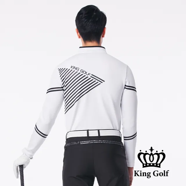 【KING GOLF】速達-三角條紋印花滾邊立領拉鍊厚款長袖POLO衫(白色)