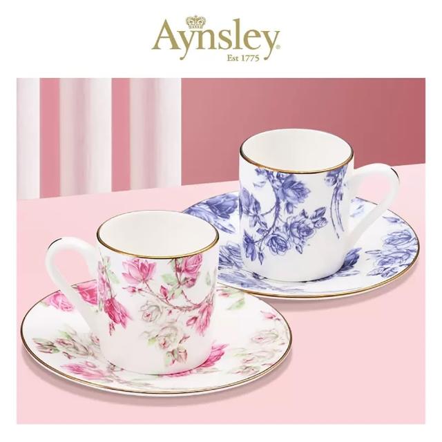 【英國Aynsley】紅藍玫瑰 骨瓷義式咖啡對杯組 100ml 母親節